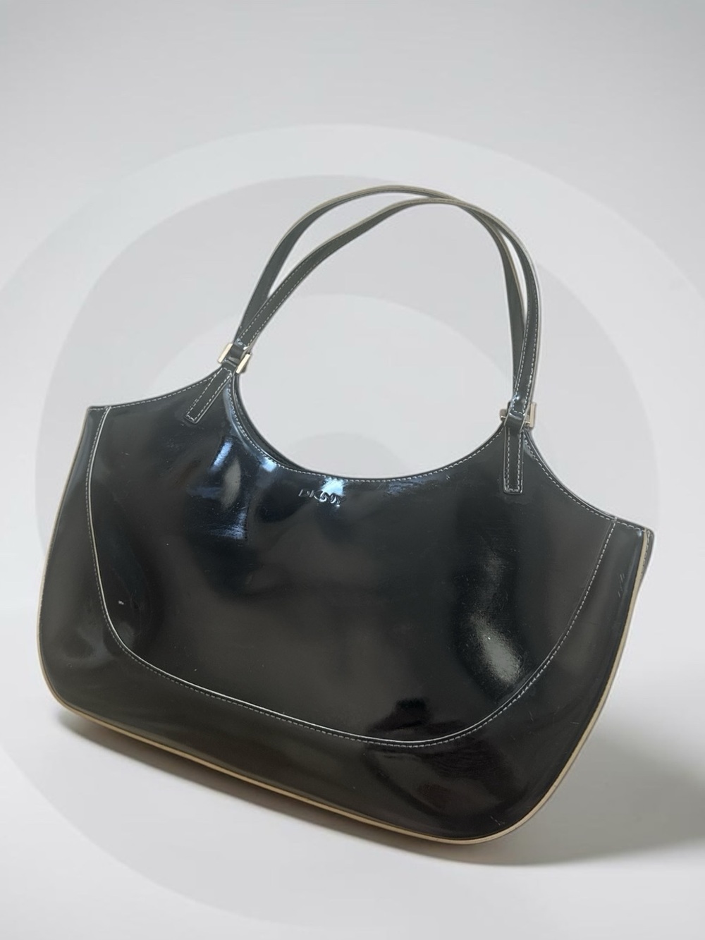 Y2K DKYN Sleek Black Patent Crescent Shoulder Bag